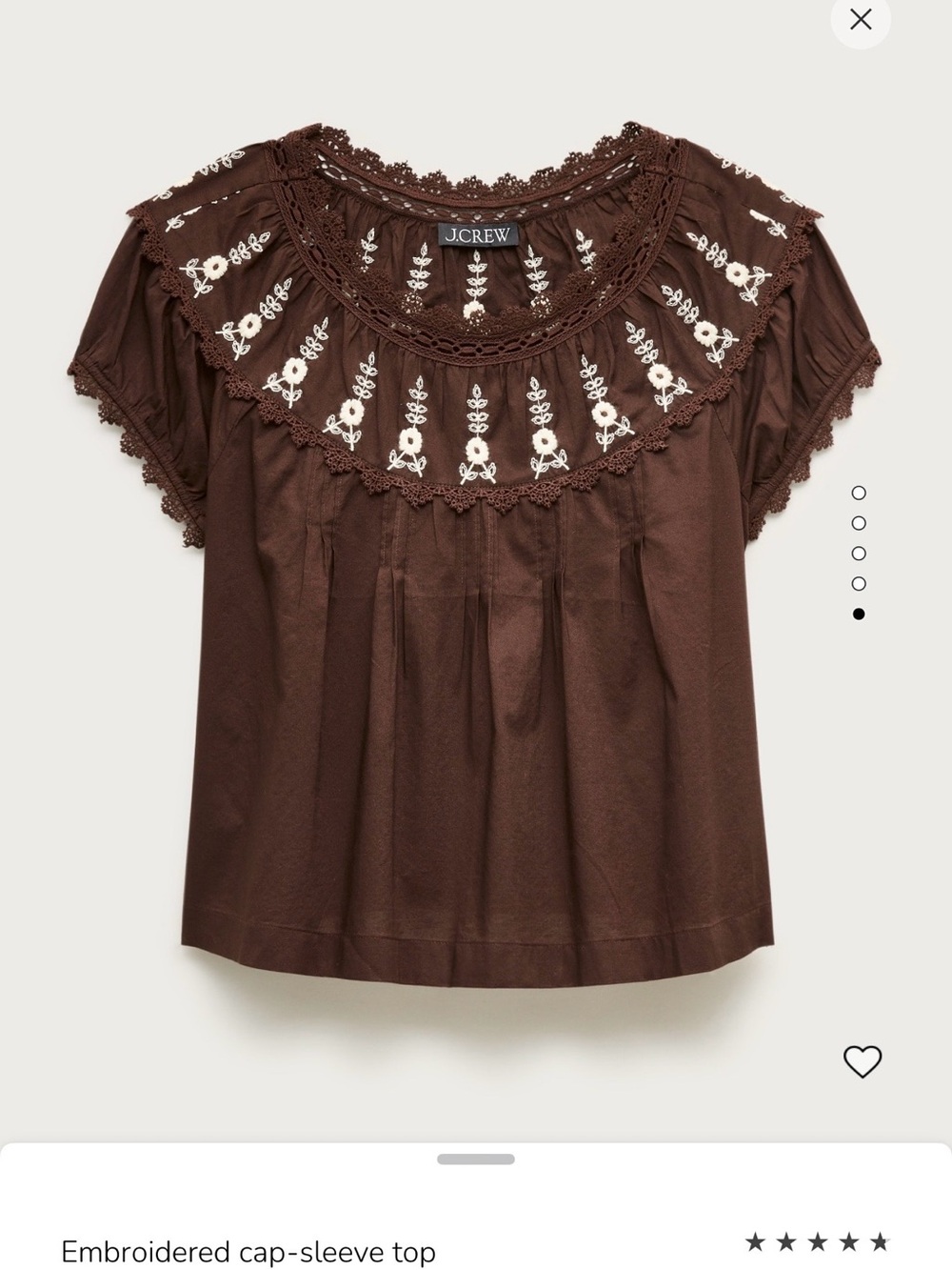 J. Crew Brown Embroidered Yoke Cap-Sleeve Top